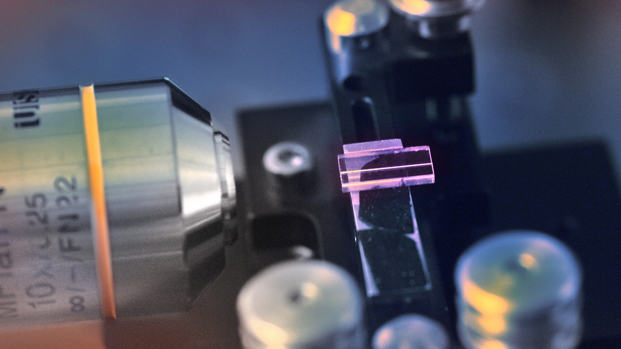Eingekoppeltes Infrarotlicht in einem laserinduzierten Wellenleiter.