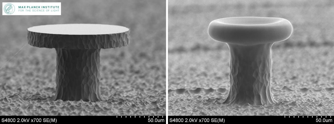 Annealing Prozess Disk-förmigen Mikroresonators aus Quarzglas: Laserinduziertes Ätzen (SLE, links) und nach anschließendem Laserpolieren (rechts)
